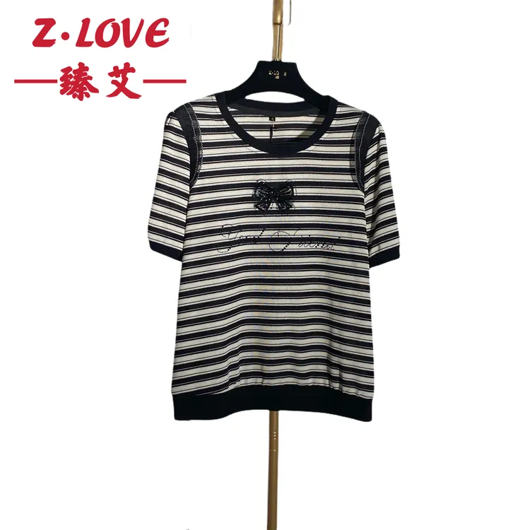 【蝴蝶蝉羽衫】6617条纹圆领拼接短袖夏季半袖显瘦百搭黑色