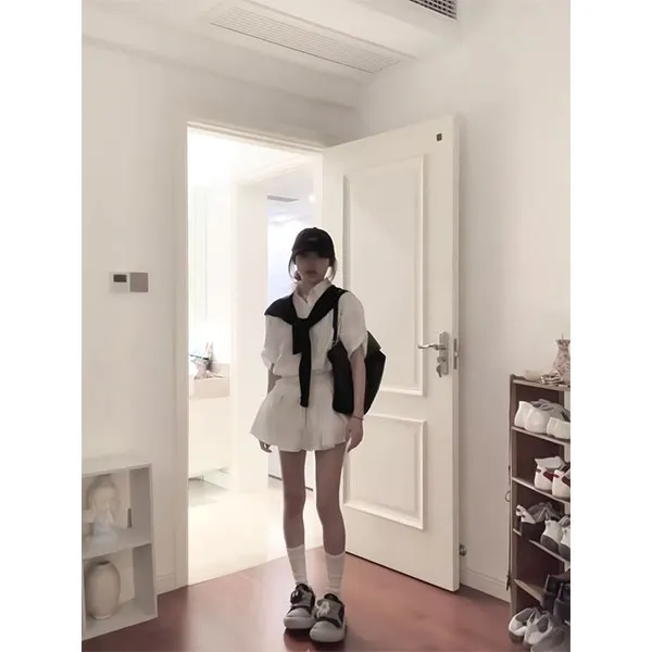 白色高级感洋气套装女2025夏季通勤百搭衬衫高腰a字短裙子两件套