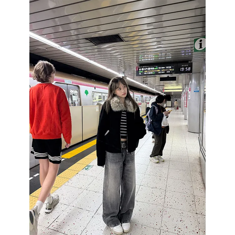 秋冬巨好看时尚洋气设计感小众毛毛领外套上衣高腰显瘦阔腿裤套装