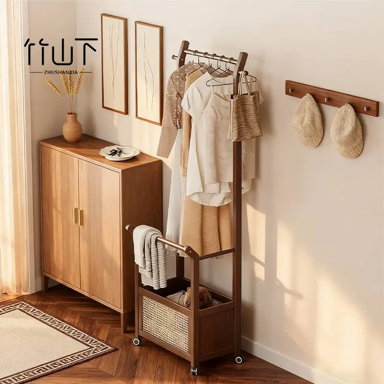 家用落地衣帽架可移动简易室内专用衣服架立式实木带脏衣篓挂衣服