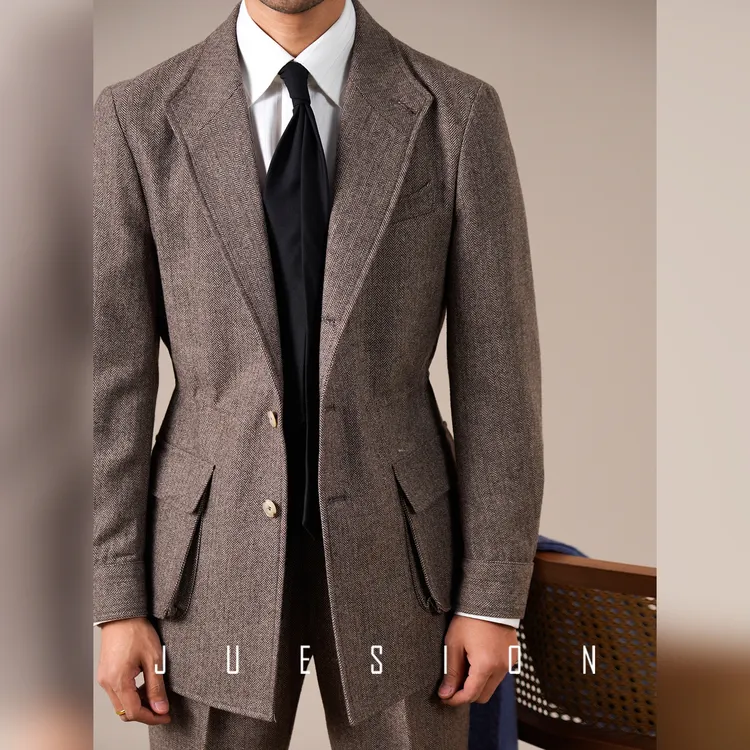 JUESION 秋冬新款西班牙夹克外套男羊毛混纺商务休闲绅士猎装上衣
