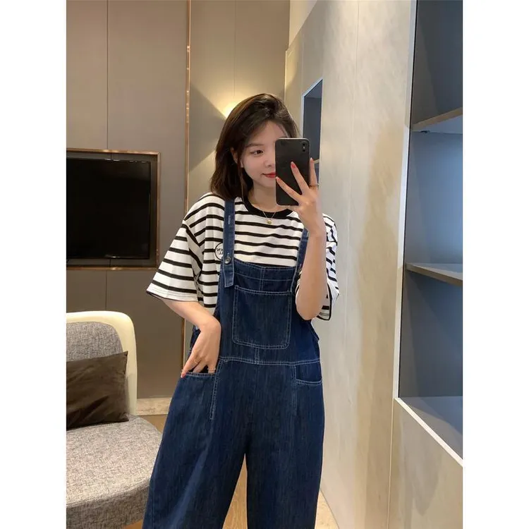 牛仔背带裤女夏季新款宽松显瘦复古减龄时尚百搭小个子九分连体裤