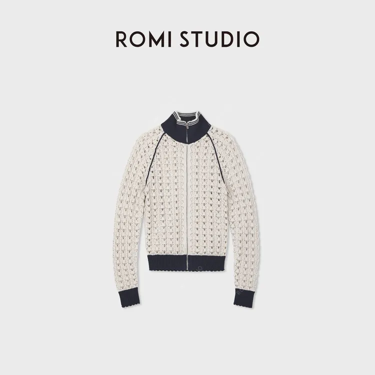 ROMI STUDIO100%棉重工镂空扇形针织立领撞色短款开衫 RWCRWT7632