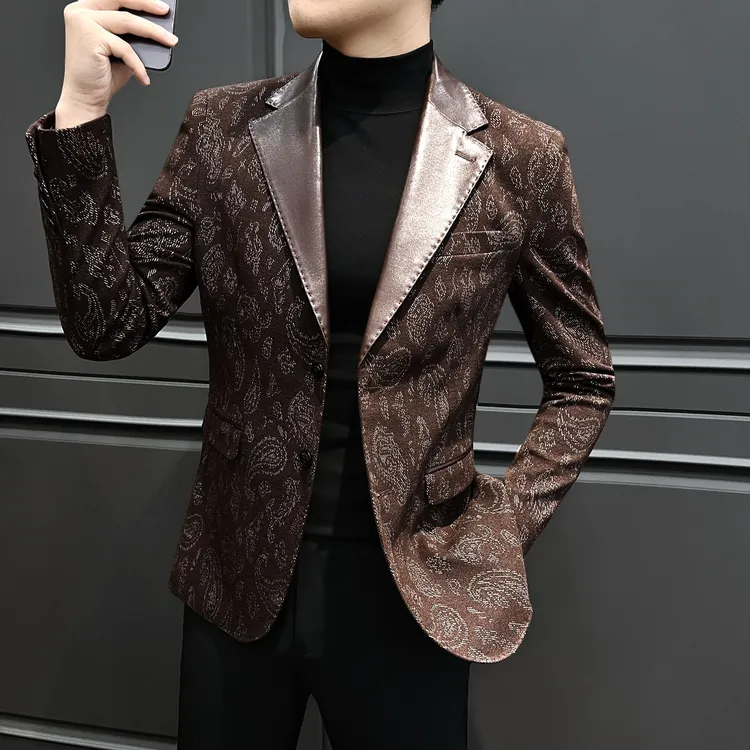 拼皮印花西装外套2025新款爆款痞帅高级感秋季潮流男士休闲西服男