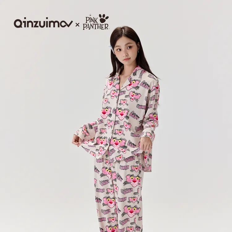 亲嘴猫【粉红豹联名】莫代尔棉卡通可外穿睡衣家居服睡衣套装女秋