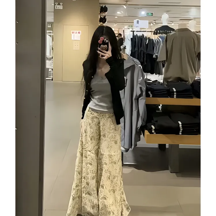 2025秋季新款法式气质修身长袖针织开衫气质高腰宽松碎花阔腿裙裤