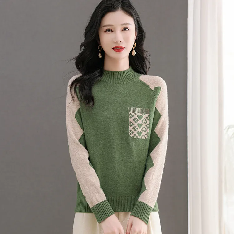 半高领短款毛衣女士2025秋冬新款洋气减龄拼色上衣针织打底衫内搭