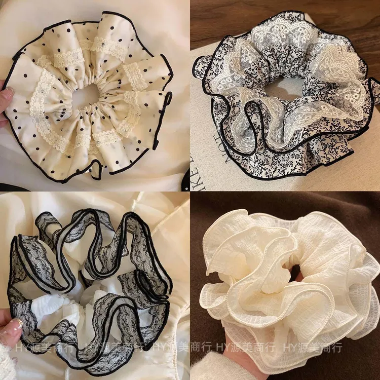 2025超大号!黑色+白色花边褶皱高级感大肠发圈慵懒法式韩系发绳女