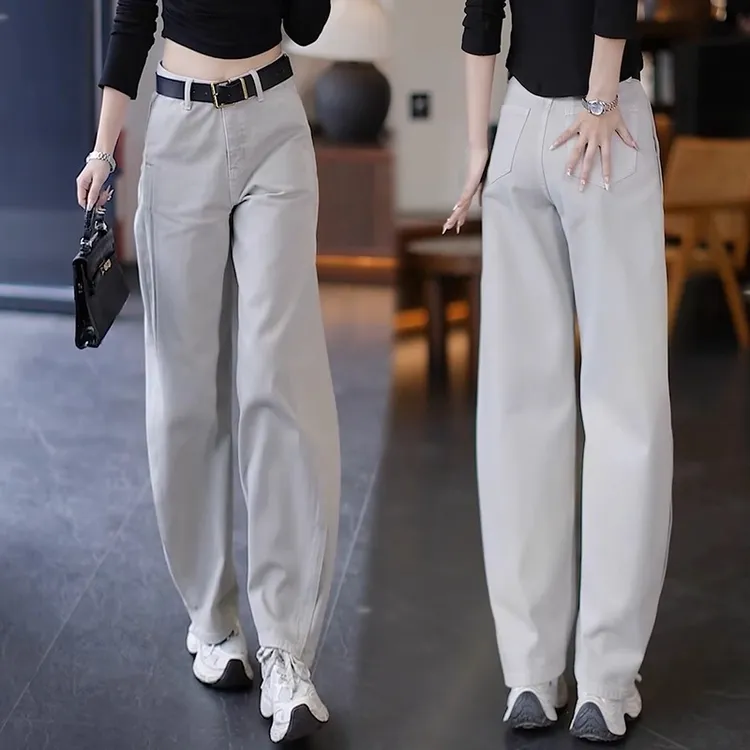 莫兰迪灰弯刀牛仔裤女2025新款春秋高腰垂感宽松直筒休闲阔腿裤子