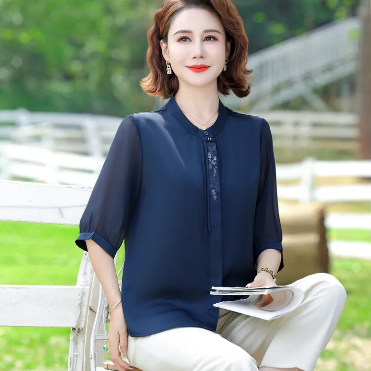 时尚气质妈妈夏装休闲时尚中老年女士短袖上衣中年女装