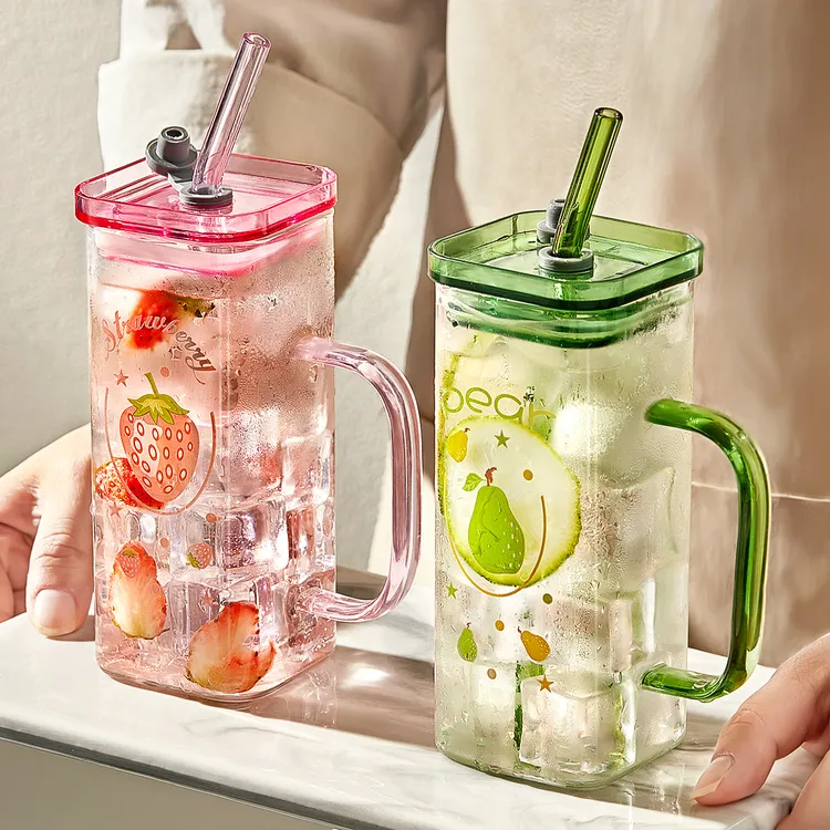 【好菇凉】玻璃方形水杯ins风吸管刻度耐热家用高颜值少女水杯茶杯