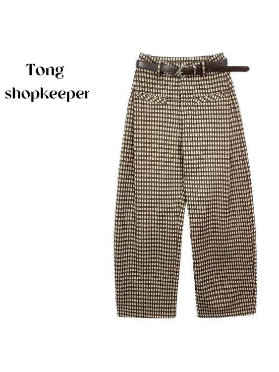 QJ/彤掌柜1682903 秋冬25加厚法式气质格仔抽褶时尚阔腿休闲裤