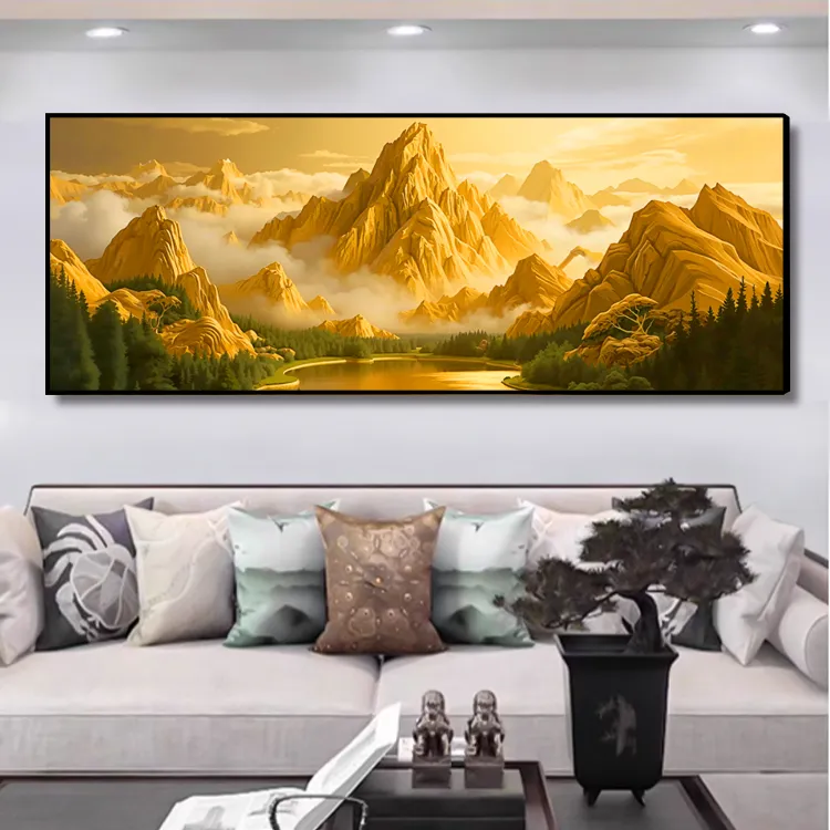 新款背靠金山客厅装饰画沙发背景办公室茶室轻奢简约金山图镶钻画
