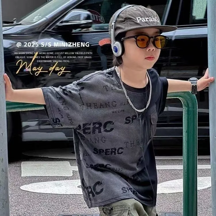 男童短袖t恤痞帅风夏装2025款男孩酷帅休闲上衣儿童夏季潮牌T半袖