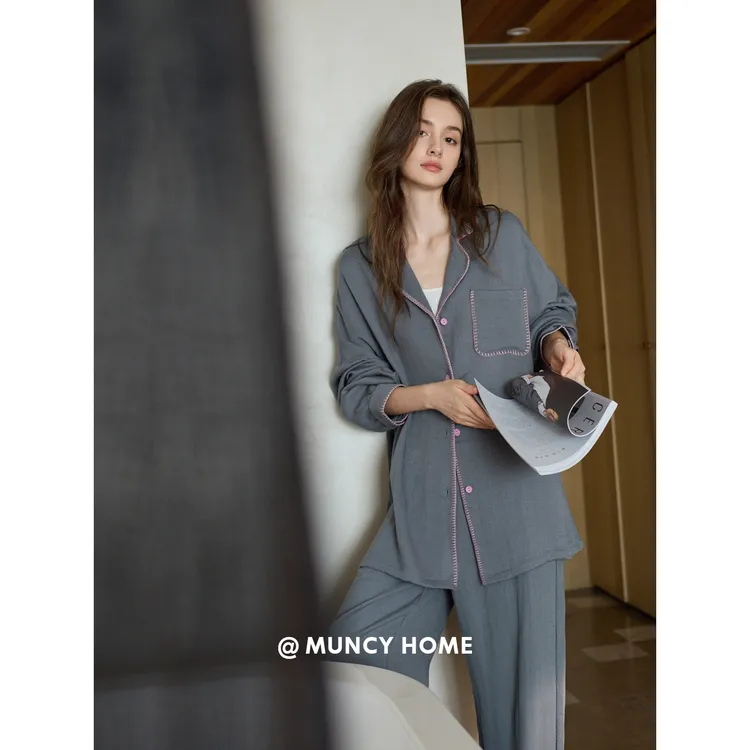曼系“智性姐感”睡衣女春秋灰撞色简约高级显瘦开衫柔软棉家居服