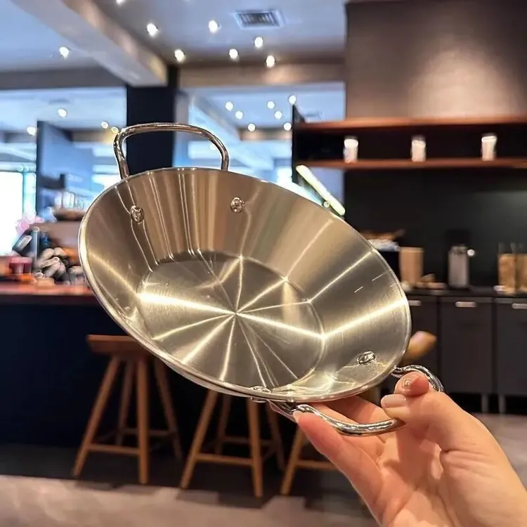 三层加厚哎～18/10不锈钢西班牙海鲜饭锅干锅双耳焗饭平底锅盘子