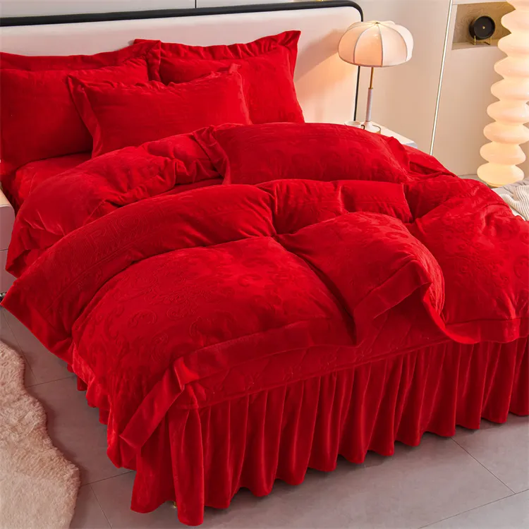高档婚庆结婚牛奶绒四件套床盖加厚新婚红色床上用品陪嫁婚房冬季