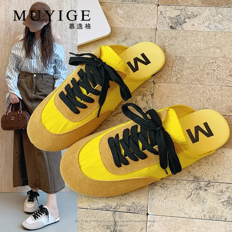 穆勒半拖鞋女外穿2025春秋新款拼色系带软底包头时尚一脚蹬半拖鞋