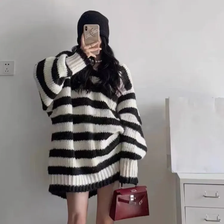 撞色条纹中长款粗线毛衣女春秋V领宽松慵懒风加厚针织衫上衣