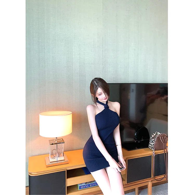 【比例放大镜】2025春季新款ins纯欲性感露背挂脖针织连衣裙女