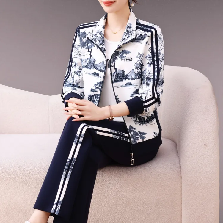 JOZDICE/纪治迪哲运动套装秋季印花立领丝滑休闲舒适运动服套装女