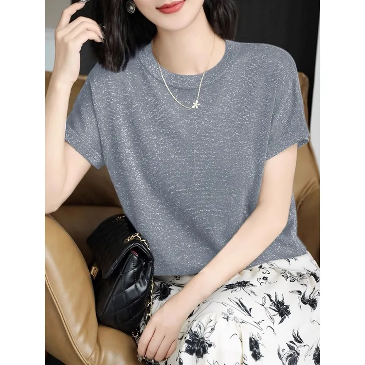 银灰针织短袖t恤女夏季圆领正肩显瘦体恤欧货设计感独特小众上衣