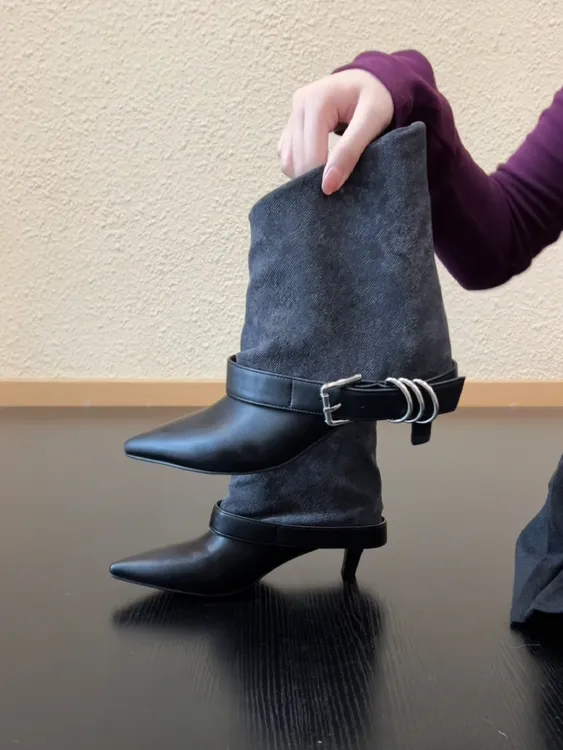 Pokoy-4.5/6.5cm设计感时装短靴气质尖头斜口细跟皮带扣裤管靴