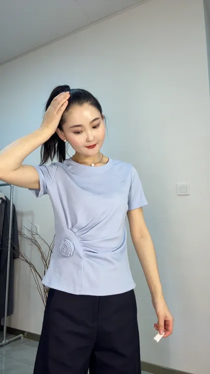 2637百搭短款不规则女士瑜伽服法式纯色时尚短袖休闲T恤圆领透气