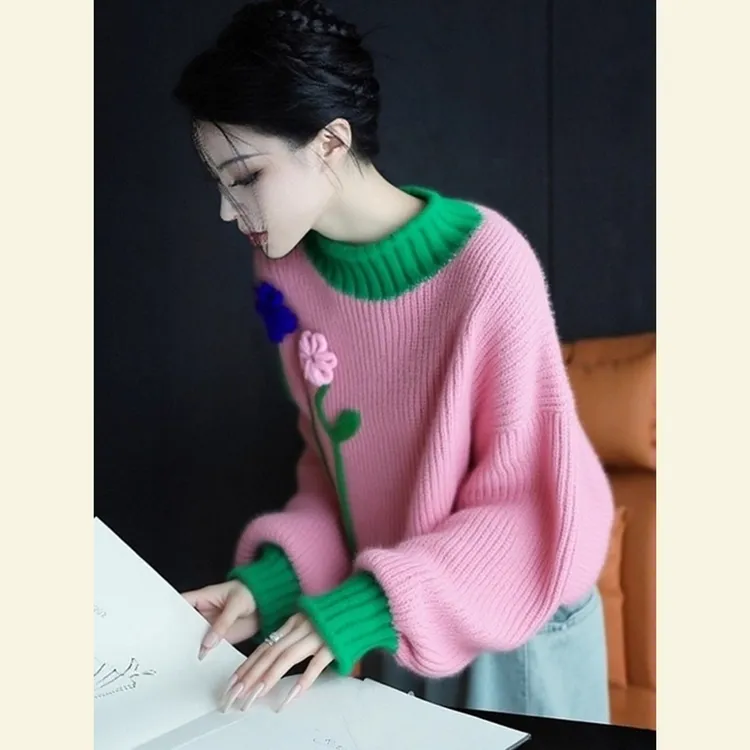 今年流行漂亮多巴胺洋气减龄毛衣慵懒风高级感粉绿拼色针织衫女冬