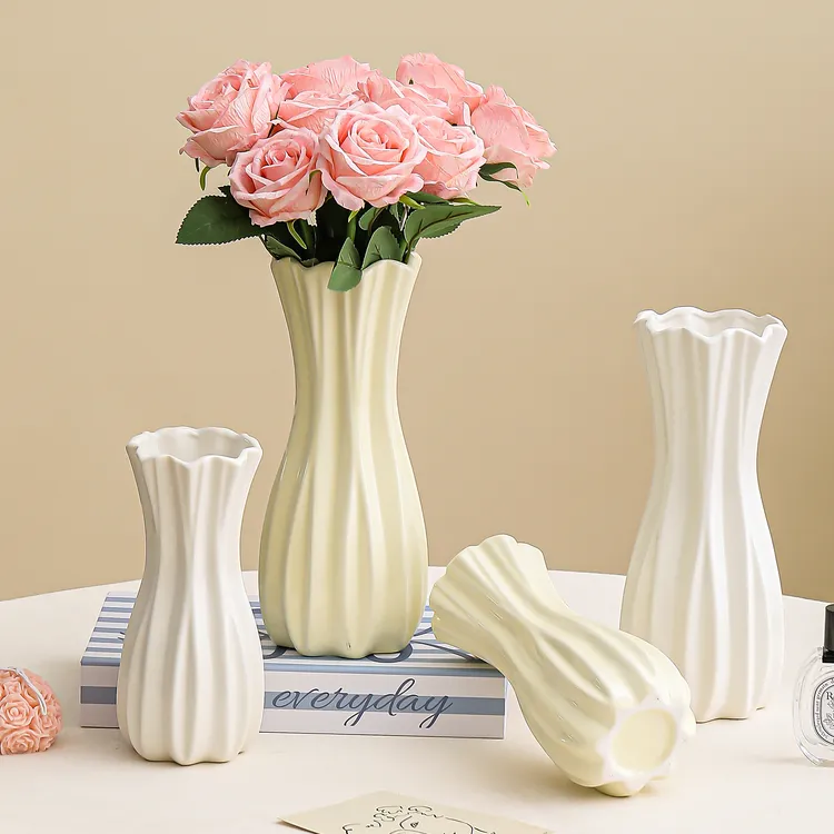 中古奶油风塑料花瓶轻奢客厅餐桌插花装饰高级感简约摆件家居K⑤L