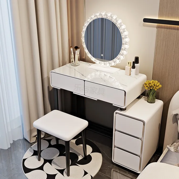 小户型岩板梳妆台卧室极简轻奢网红实木化妆桌子现代简约高档整装
