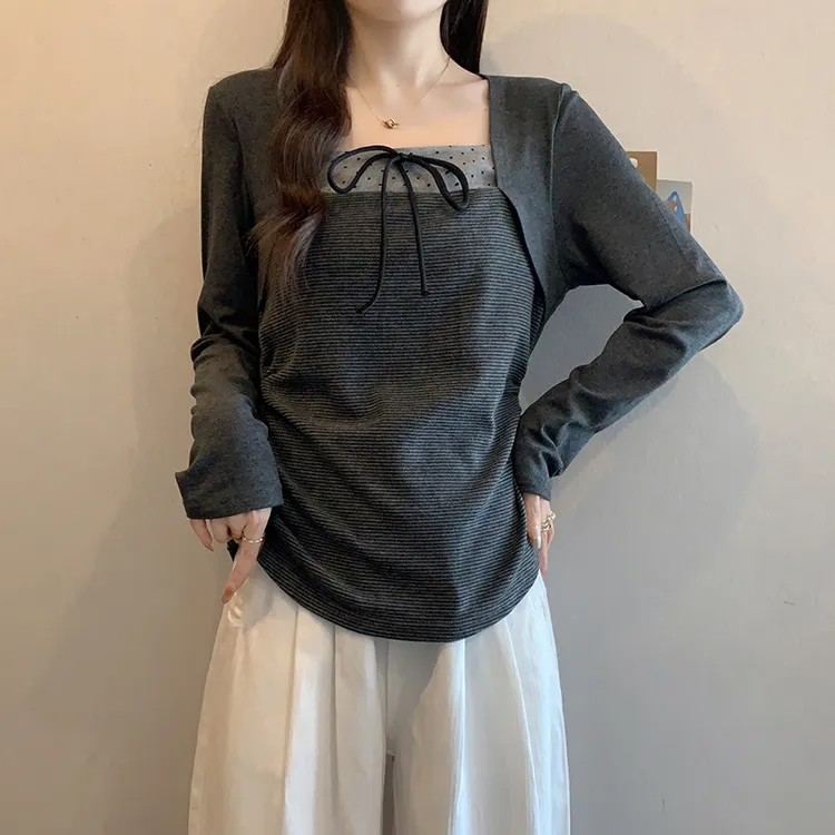 2026春装新款胖mm大码女时尚纯欲蝴蝶结拼接内搭长袖上衣A2915