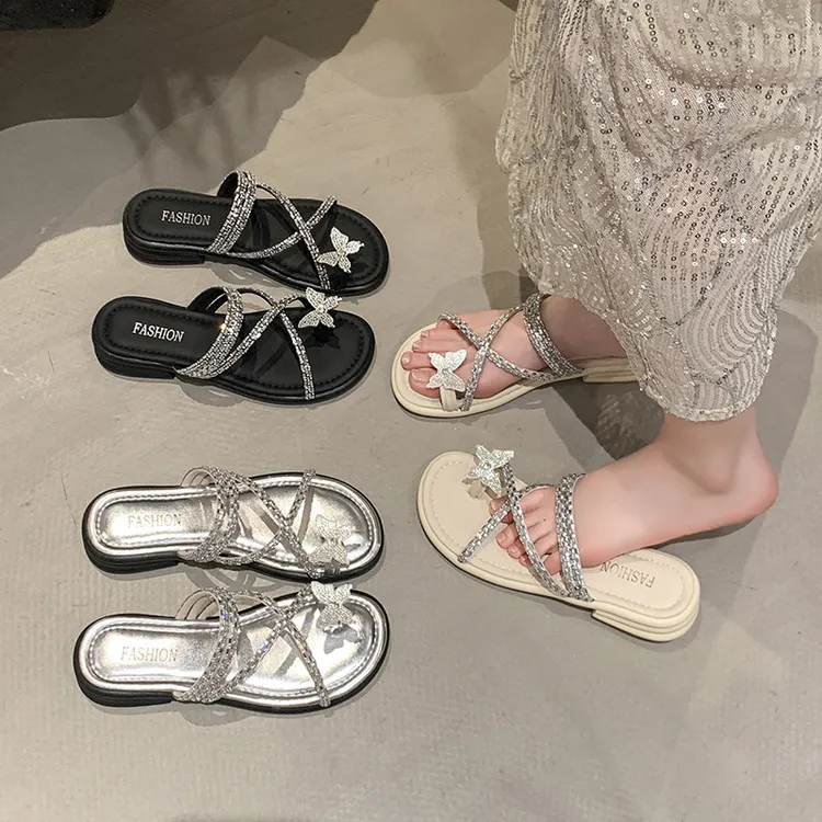 bejeaho法式水钻仙女拖鞋女夏外穿平底新夹脚绝美配裙子沙滩凉拖