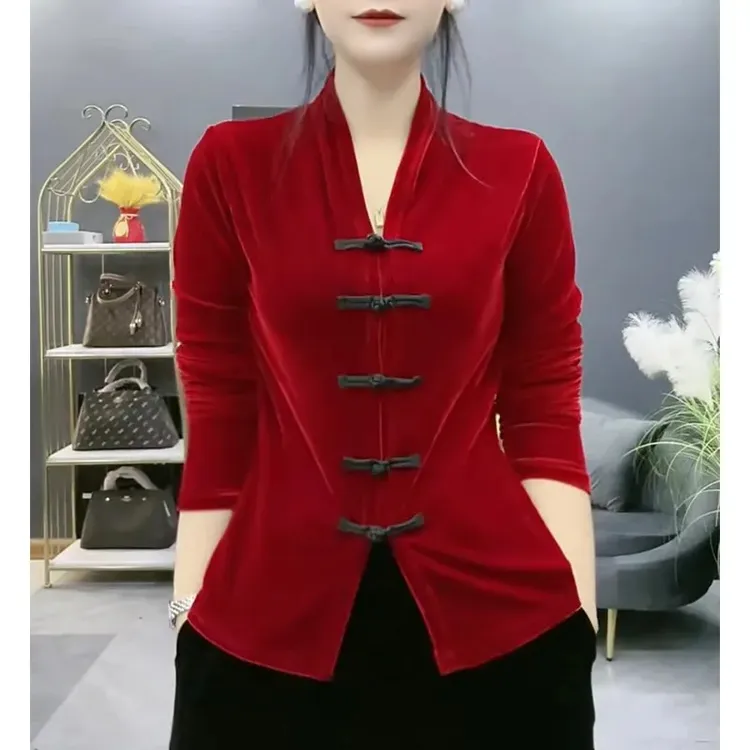 气质宽松显瘦国风盘扣百搭上衣衫2025春季新款中式大码丝绒衬衫女