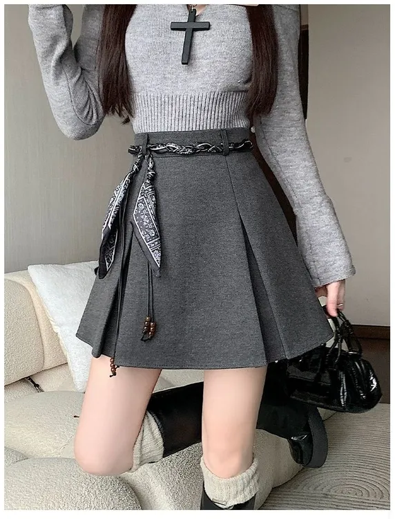 灰色毛呢百褶半身裙女2025秋冬新款学院风高腰显瘦a字带腰带短裙