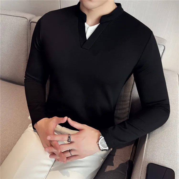 秋冬季小V领长袖T恤男士韩版纯色打底衫弹力修身外穿上衣假两件潮