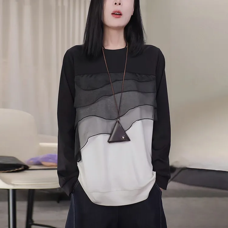 2025秋季新款女圆领套头卫衣网纱拼接宽松大码时尚洋气显瘦上衣