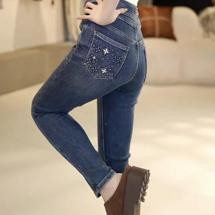 高腰牛仔裤女秋冬季2025年新款修身显瘦百搭收腹小脚铅笔裤子潮
