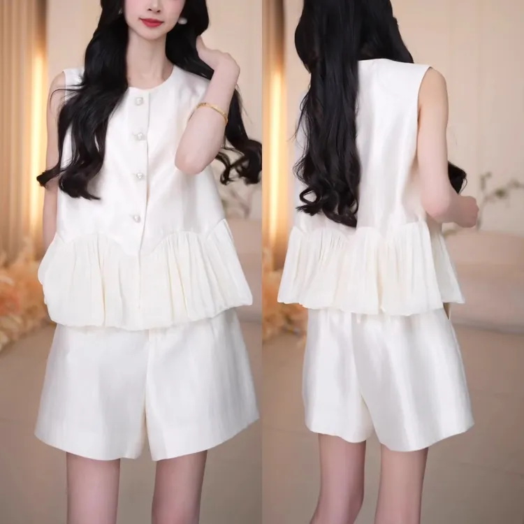 韩版高级感套装夏季新时尚气质优雅成熟女人无袖上衣收腰短裤套装