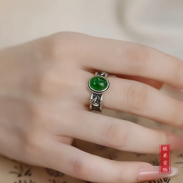 寰奢【竹报平安】竹节戒指编织复古做旧绿水蛋面民族风#925不掉色