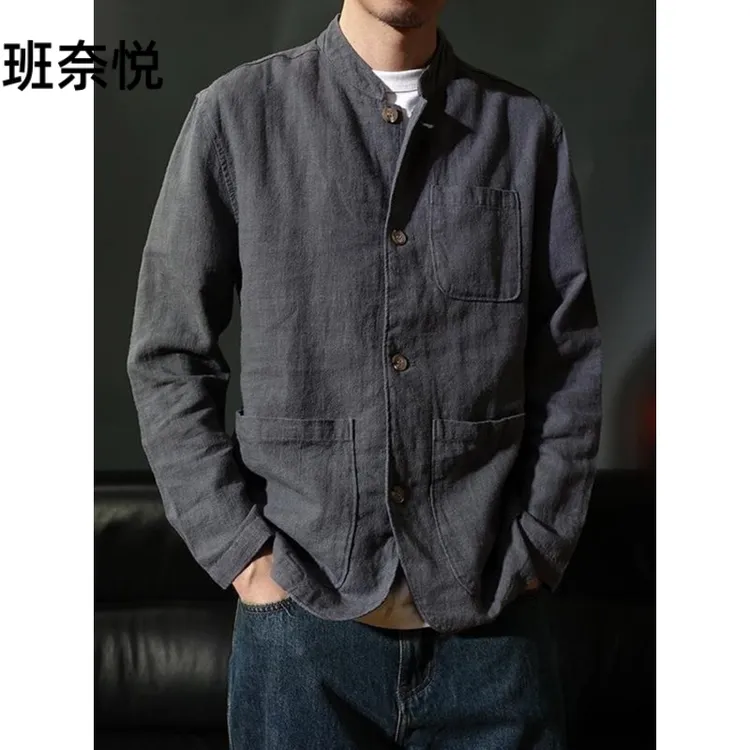中国风秋季立领多口袋棉麻男士衬衫衬衫休闲宽松外套复古中山装潮