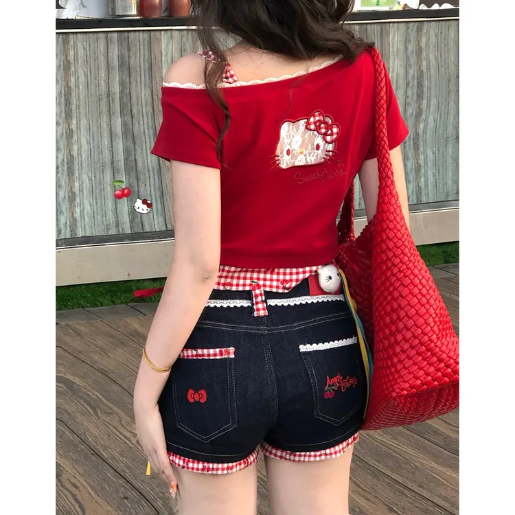 美式辣妹樱桃kitty小猫刺绣镂空露背短袖女夏季格子牛仔短裤套装