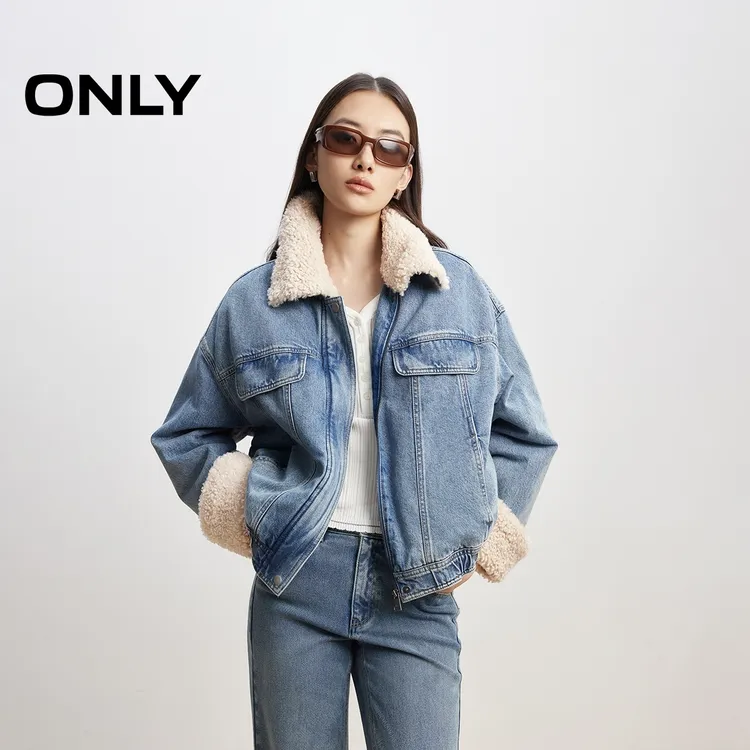 ONLY2025秋季新款时髦泰迪绒拼接落肩宽松牛仔棉服女|12530B004