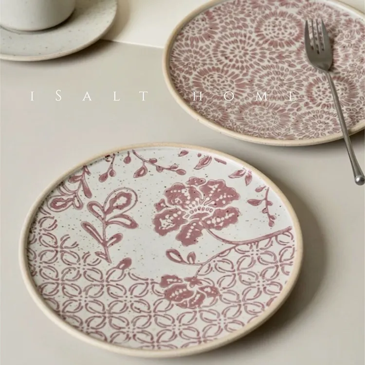 手作粗陶青花铁锈红手作粗陶盘子家用早餐盘甜品点心盘复古风格