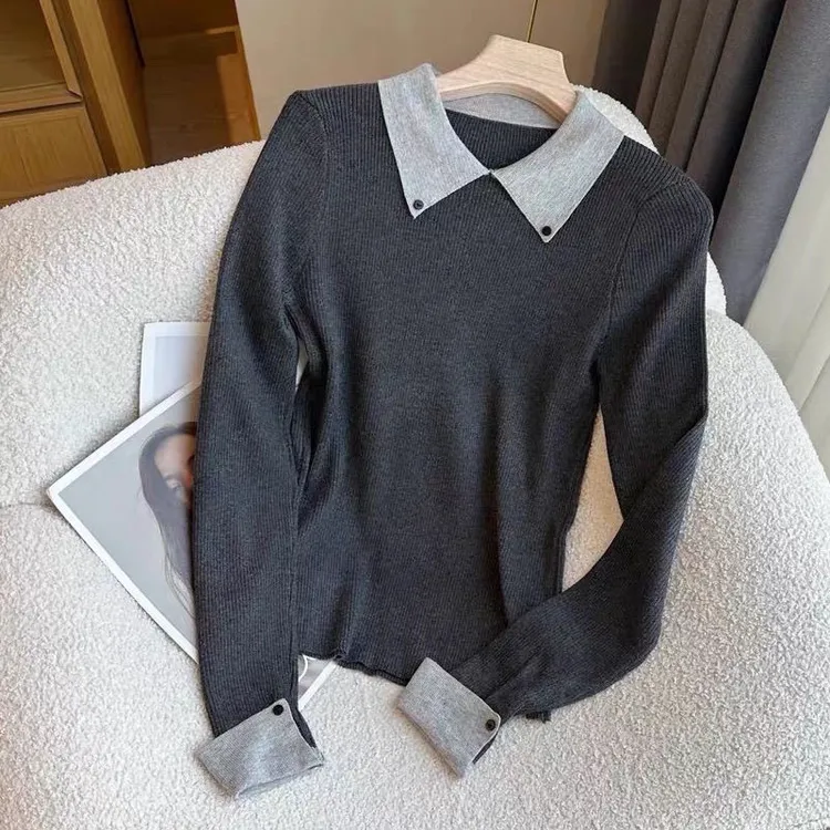 撞色polo领针织上衣【80-200斤】秋冬修身显瘦洋气别致毛衣打底衫