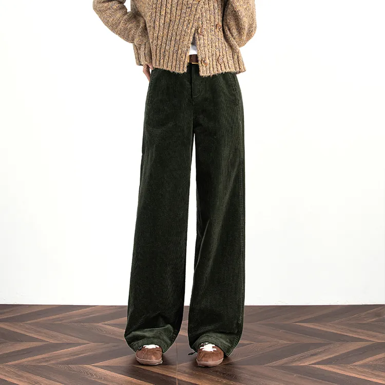 复古苔绿色灯芯绒裤子女秋冬2025新款条绒休闲裤窄版直筒裤阔腿裤