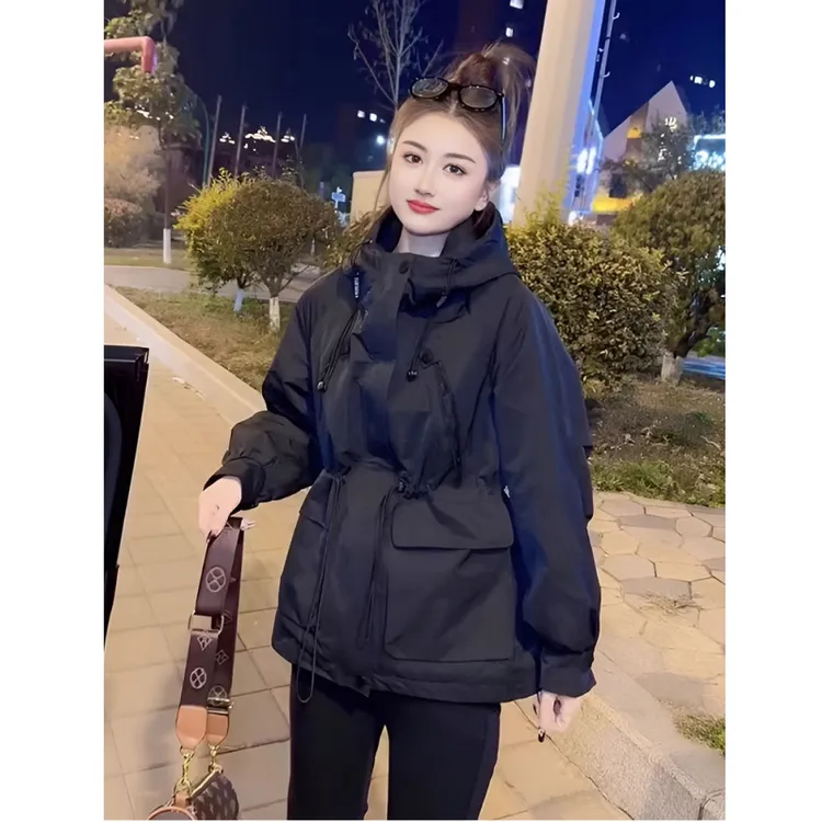 韩版新款显瘦收腰外套宽松休闲气质工装夹克中长款百搭连帽冲锋衣