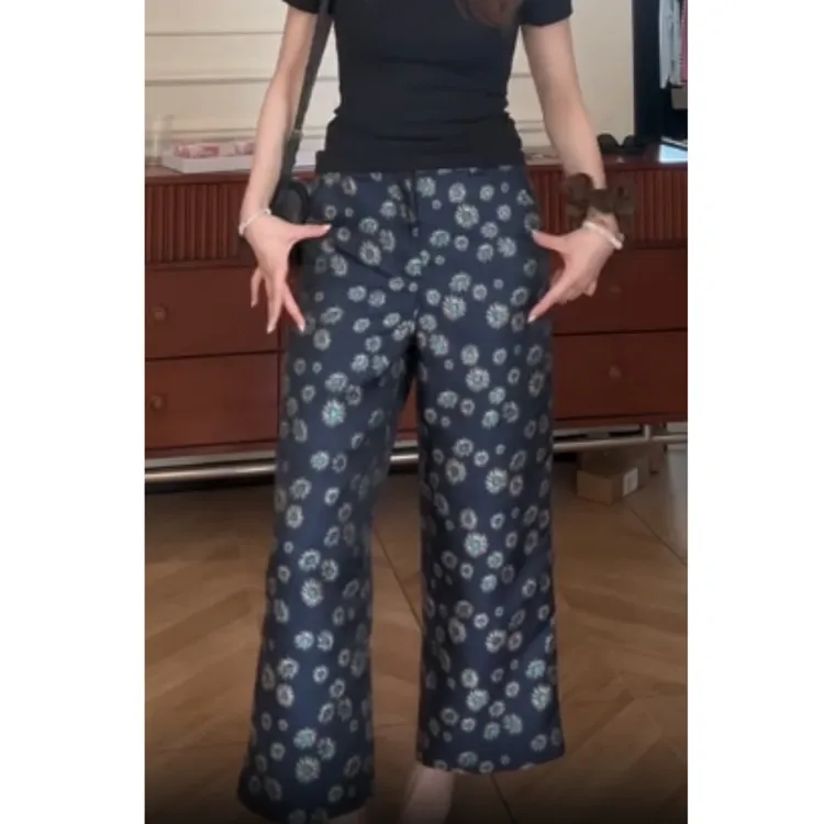 2025夏季新款高腰显瘦大码阔腿显瘦薄款休闲复古碎花裤