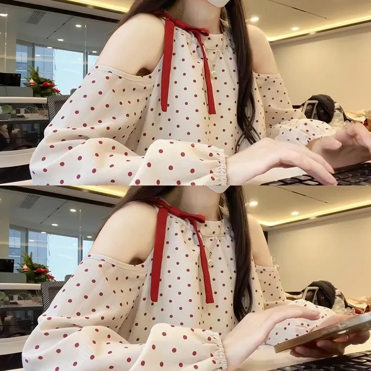 蝴蝶结露肩波点衬衫女高级感轻奢减龄春季流行穿搭上衣设计感小众