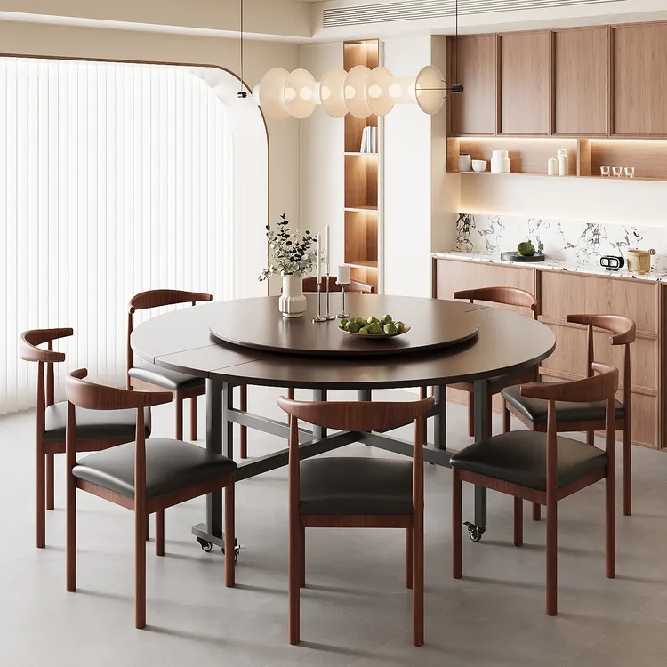 折叠餐桌简约家用圆形折叠餐桌小户型新中式可折叠移动简易大圆桌